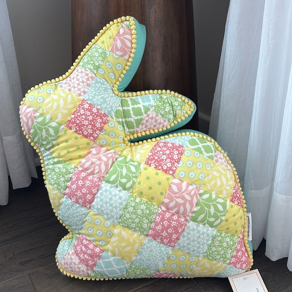 Bunny Shape Pastel Quilted Pom Pom trim throw decor pillow,Easter,Spring,rabbit - Picture 1 of 8